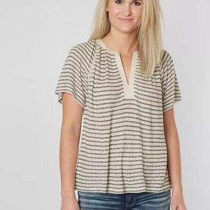 Lucky Brand Drop Needle Navy & Oatmeal Striped Viscose / Linen Knit Blouse Top L